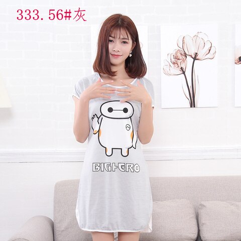 swvws Summer Cartoon Nightdress Ladies Milk Silk Double-Sided Printing Cute Nightdress Women's Nightgown Sleepwear Night Wear