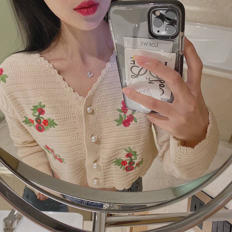 swvws Vintage Embroidery Short Knitted Cardigan Women Crop Top Korean Style V-Neck Long Sleeve Buttons Slim Thin Sweater Coat Female