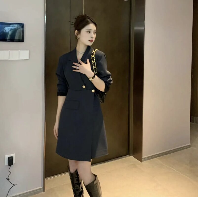 swvws Korean Chic Solid Short Dresses for Women  Autumn New Fashion Long Sleeve Notched Slim Office Lady A-line Female Clothing