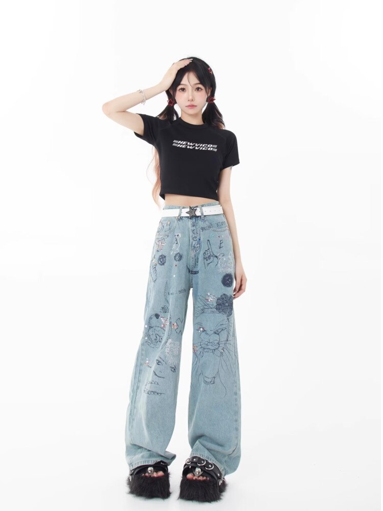 swvws Spring and Autumn Season New Small Market Design Sense Print Graffiti Straight Barrel Personalized Jeans Women's Jeans