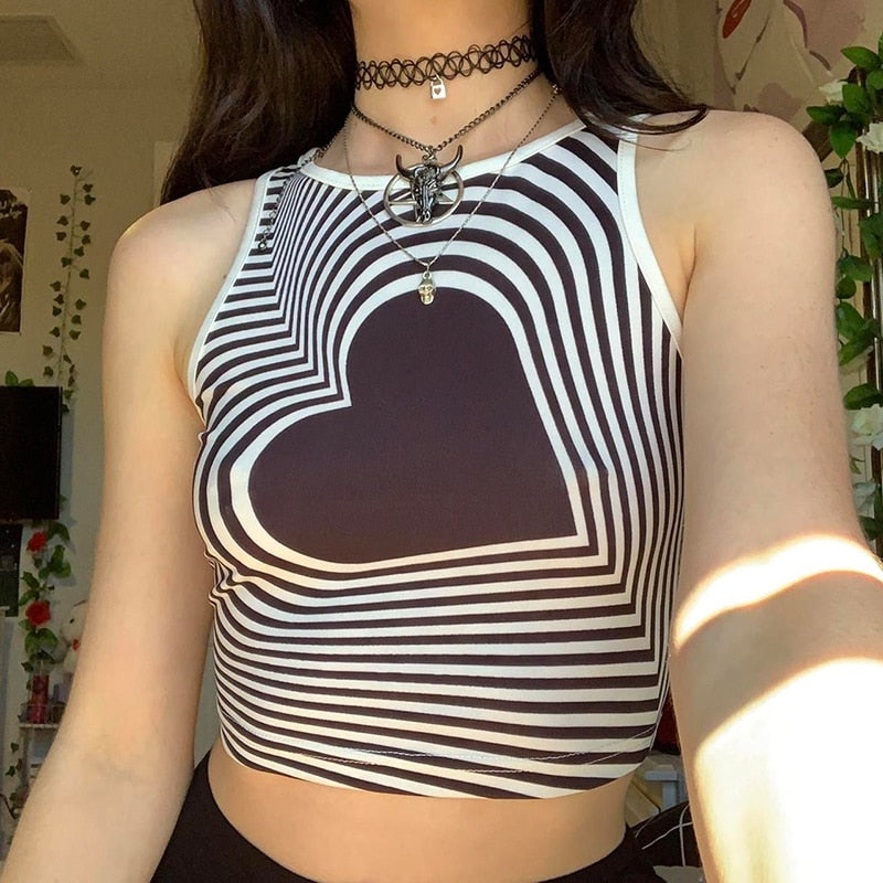 swvws Heart Print Kawaii Y2K Tank Top Cute 2000S Clothes Sleeveless O Neck Slim Crop Tops Women Vintage Streetwear Vest