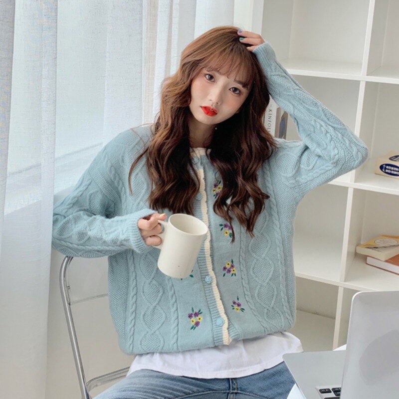 swvws Vintage Flower Embroidery Cardigan Women Korean Style Button-Up Loose Sweater Coat Autumn Long Sleeve Knitted Jacket Female Tops