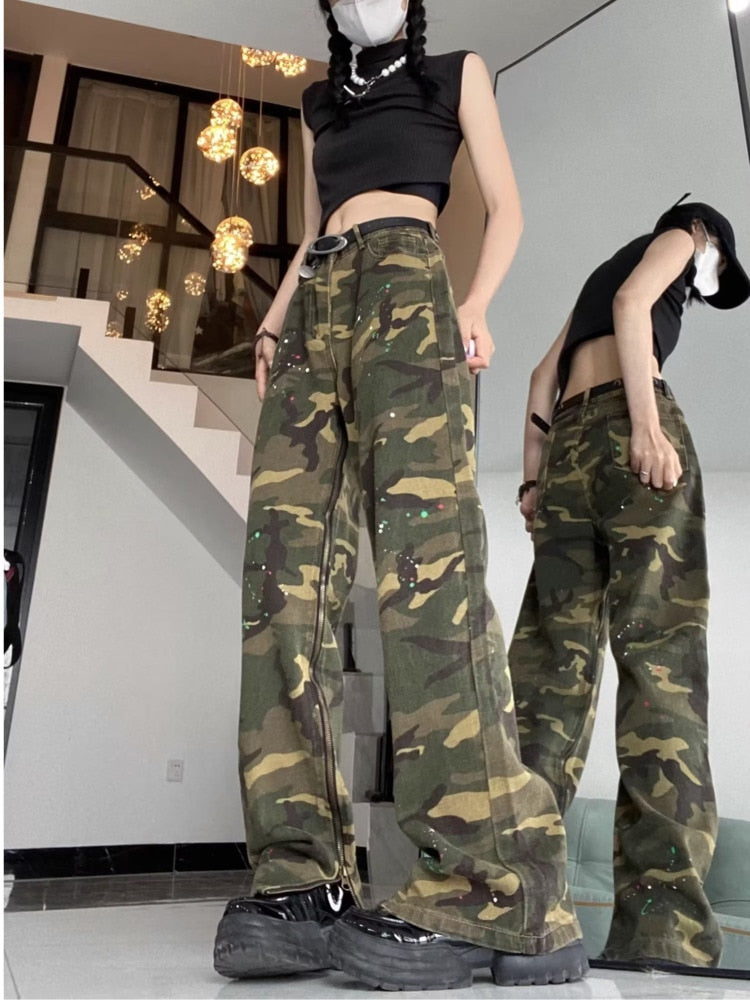 swvws Loose Splashed Ink Speaker Camouflage Pants Trendy Hip-hop Vintage Versatile Work Clothes Pants Wide Leg Pants Women's Jeans