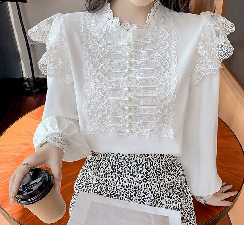 swvws Autumn Vintage Loose Chiffon Shirt Women Long Sleeve Beading Lace White Blouse Women Stand Collar Ruffles Office Lady Tops