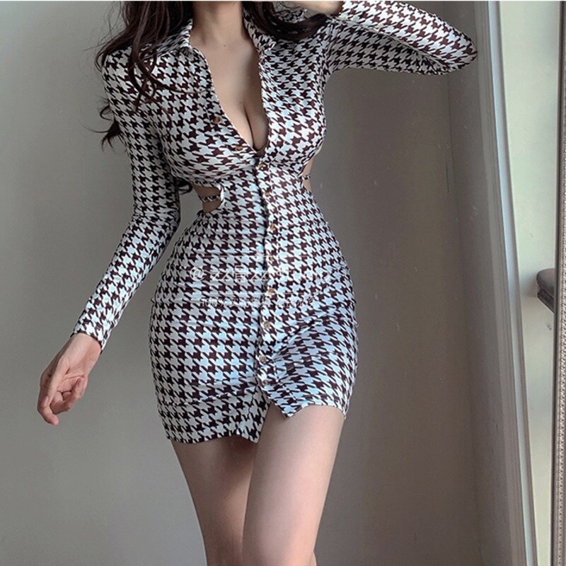 swvws Lattice Autumn Bird New Lapel Elegant Button Hollowed Out Sexy Skinny Hip Long Sleeve Mini Dress Sexy Korean Shirt B5S