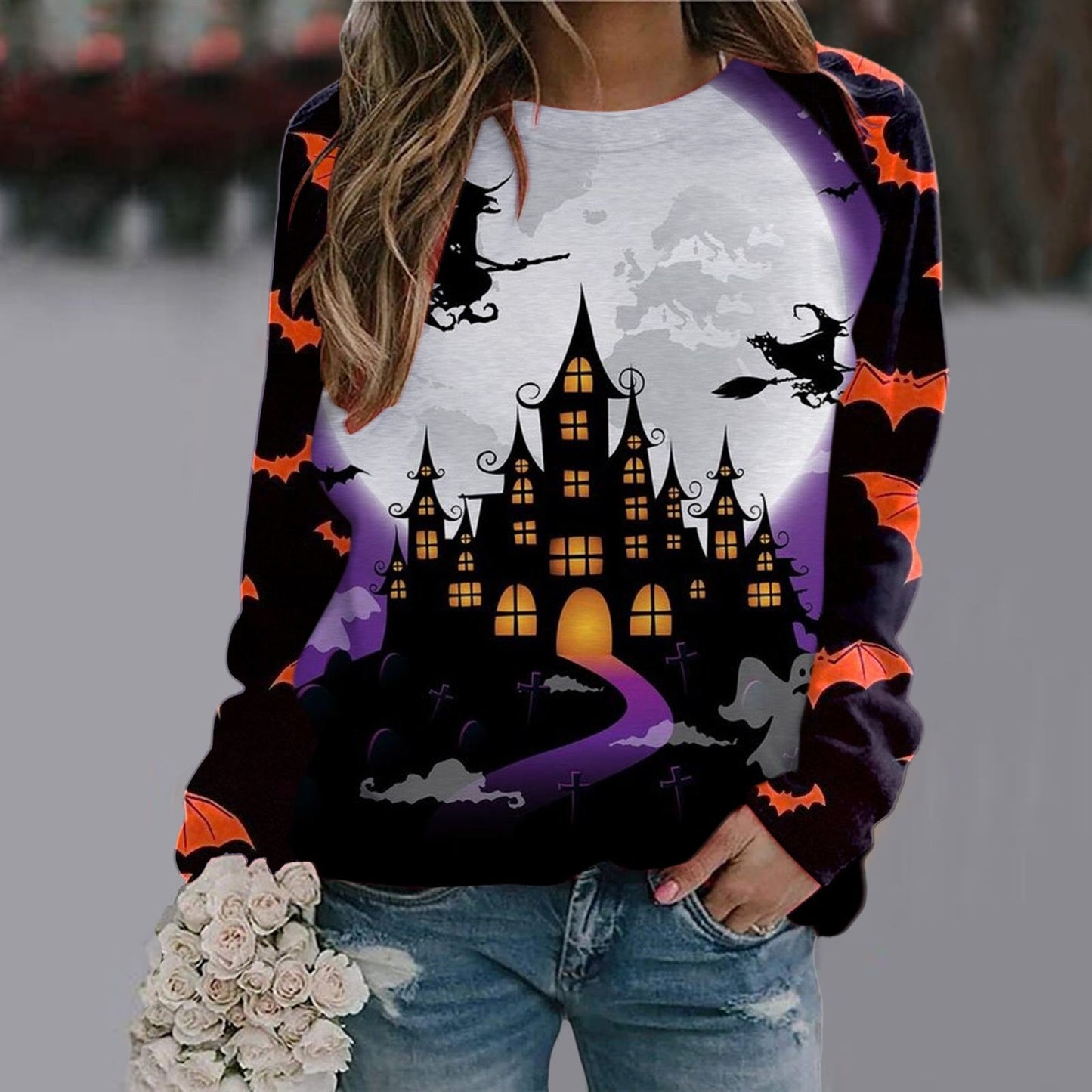 swvws Halloween Hoodies Womens Halloween Pumpkin Skull Long Sleeve Sweatshirt Lightweight Casual Pullover Top Halloween Sweatshirts Moletom Feminino