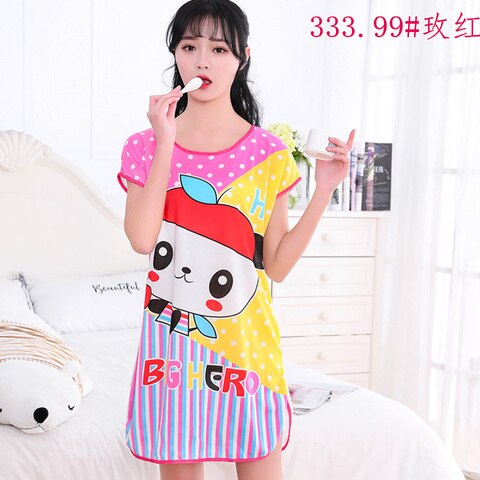 swvws Summer Cartoon Nightdress Ladies Milk Silk Double-Sided Printing Cute Nightdress Women's Nightgown Sleepwear Night Wear