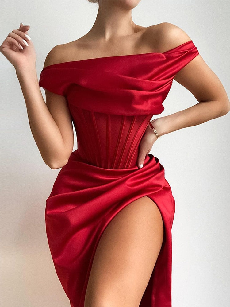 swvws Summer Dresses Women High Split Off Shoulder Sexy Party Dress Stretch Satin Elegant Dress With Fishbone Vestidos