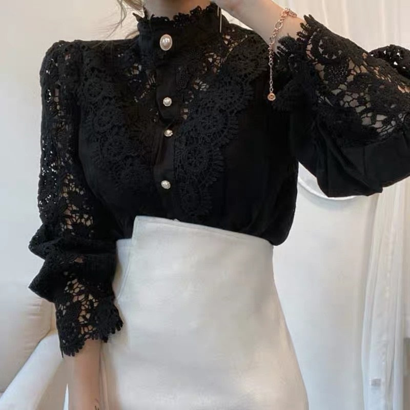 swvws Vintage Solid White Lace Blouse Shirts Women New Korean Button Loose Shirt Tops Female Hollow Casual Ladies Blouses Blusas