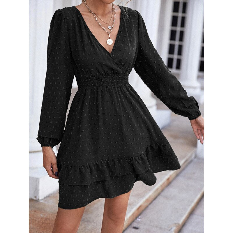 swvws   Jacquard Polka Dot Short Beach Dress Lady White Bohemian Chiffon Sexy Beachwear Women V Neck Long Sleeves Ruffled Slim Dresses