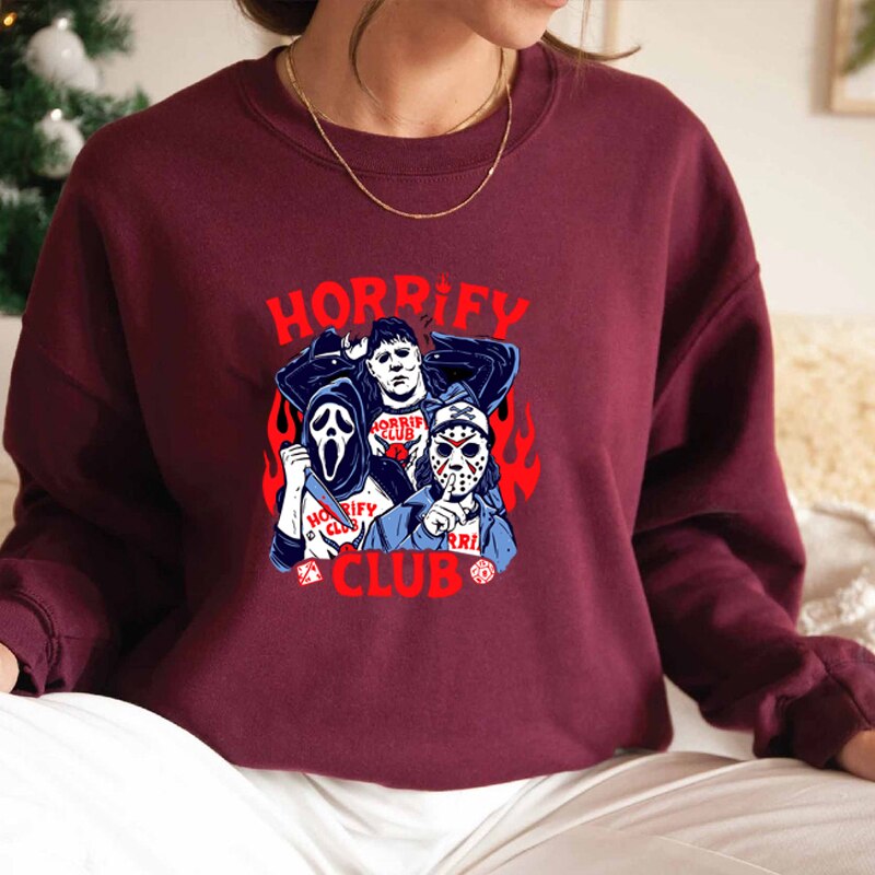 swvws Halloween Hoodies Stranger Things Horrify Club Hoodie Halloween Spooky Season Fall Sweatshirt Hell Devil Fire Graphic Pullover Crewneck Sweatshirt