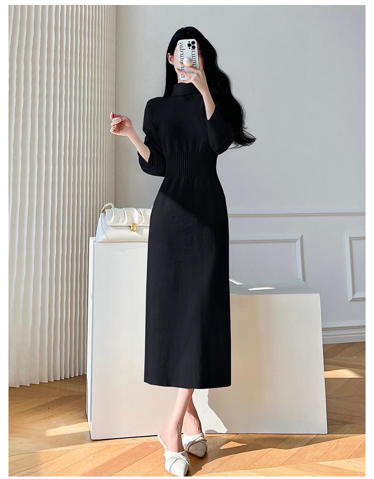 swvws Korean White Fashions High Neck Knitted Warm Sweater Dress Autumn Winter Female Black Classy Retro Slim Waist Long Dress Simple