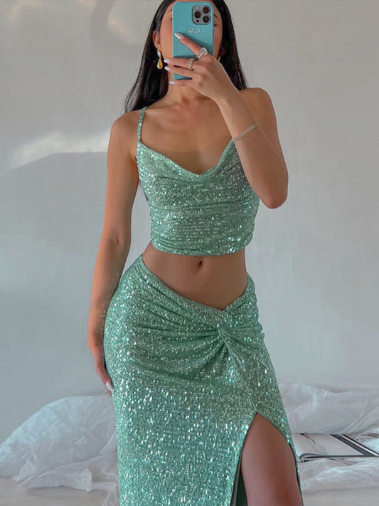 swvws Women Bling Glitter Sequins Y2K Clothes 2 Piece Set Sleeveless Backless Crop Top Side Slit Bodycon Midi Skirt Suit Club