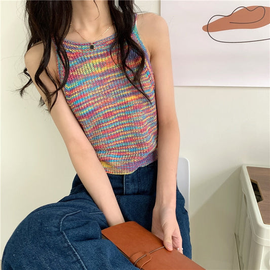 swvws Colorful Striped Summer Tanks Tops Women Korean Rainbow Sleeveless Shirts Top O-Neck Slim Knitted Top Slim Sexy Streetwear