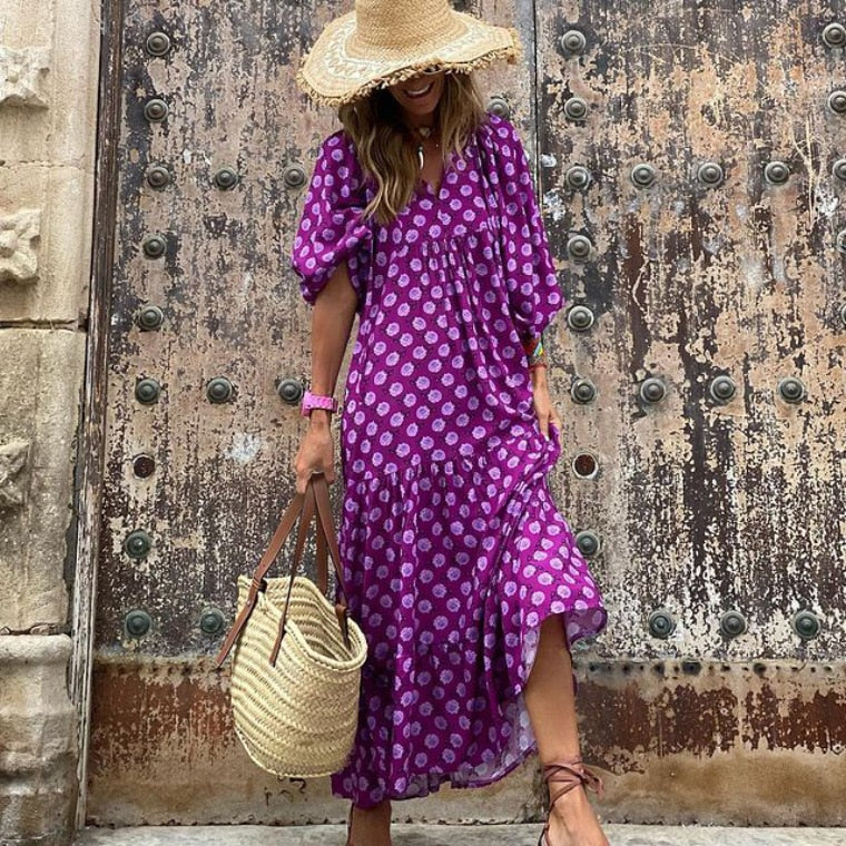 swvws   Lantern Sleeve Printing Long Dresses Women Summer Fashion V Neck Ankle-Length Geometric Collage Dress Loose Boho Beach Dresses