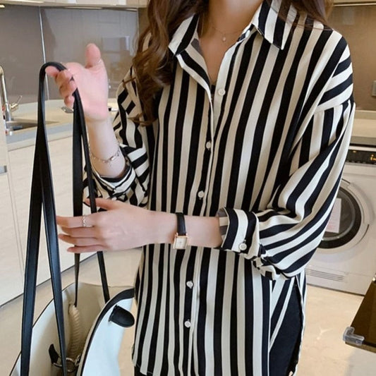 swvws Spring Summer Korean Design Loose Striped Shirt Women's Thin Retro Long Sleeve Chiffon Blouse Button Cardigan Clothes Women