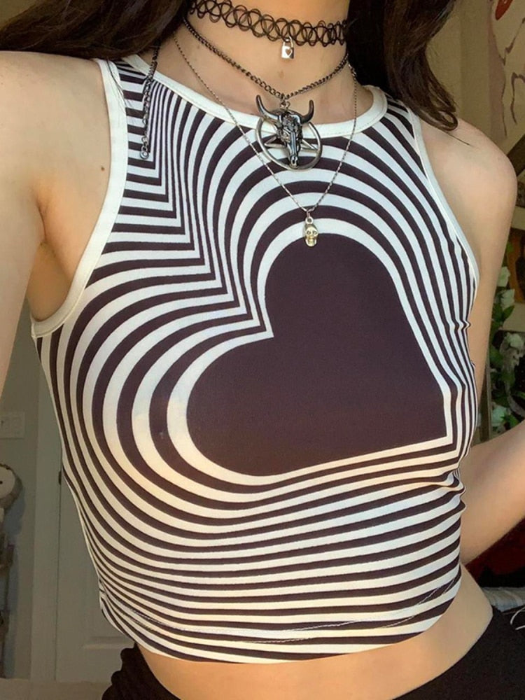 swvws Heart Print Kawaii Y2K Tank Top Cute 2000S Clothes Sleeveless O Neck Slim Crop Tops Women Vintage Streetwear Vest