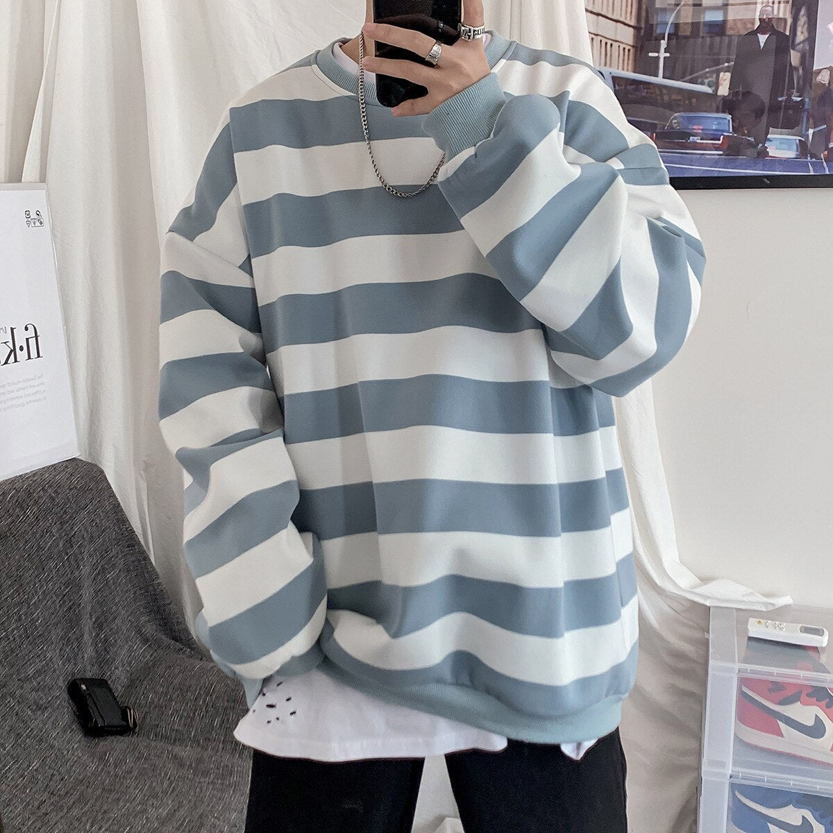 swvws Autumn Striped Sweatshirts Casual Oversized Pullovers Fashion Hip Hop Harajuku Streetwear Loose Women Jumpers Teen Couple Tops