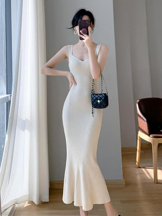 swvws Korea Summer New Women White Elegant V-neck Knit Slip Long Dress French Black Sexy Club Slim Prom Evening Party Fishtail Dresses