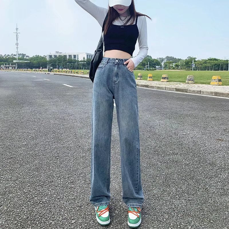 swvws European And American Gentle Style Dirty Pink Ruffled Jeans, Women's Loose And Trendy Straight Tube Versatile Wide Leg Pants