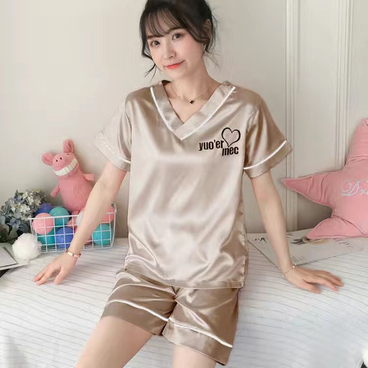 swvws Women's Summer Thin Ice Silk Pajamas Short-Sleeved Korean Version Cute Silk Student Cartoon Home Clothes Two-Piece Suit