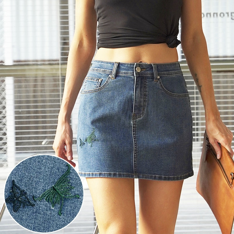 swvws   Sexy Denim Skirt A Vintage Embroidery Korean Fashion Summer High Waist Harajuku Desigual Skirt Package Hip Mini Skirts