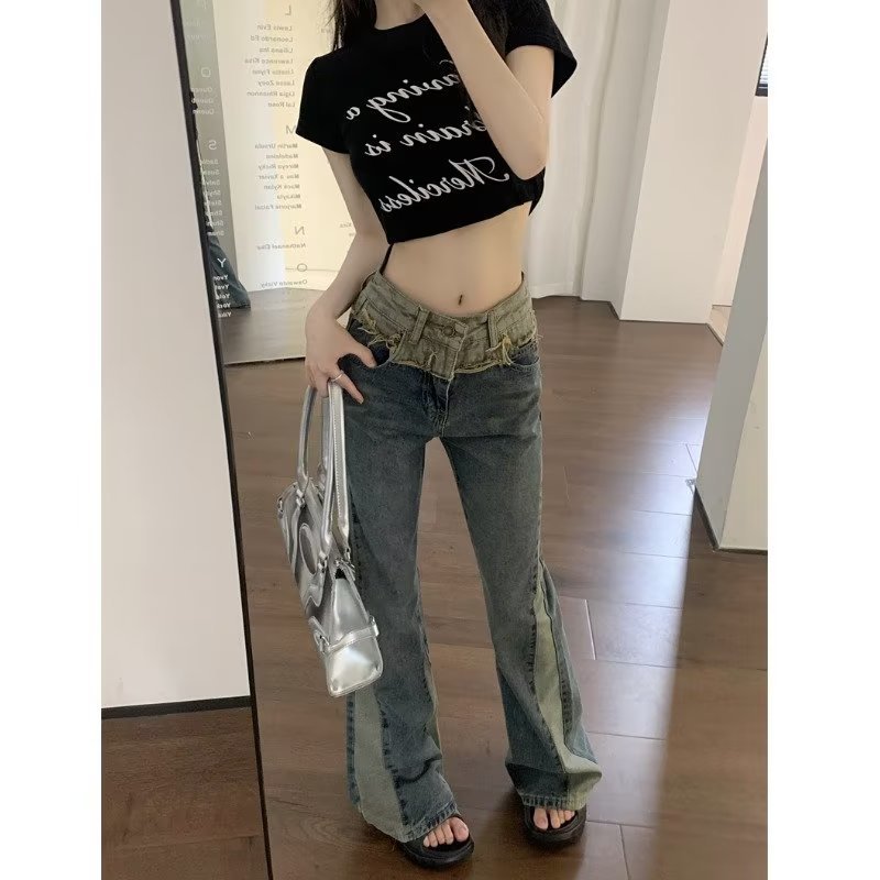 swvws Summer New Splice Slim Raglan Jeans Women Spice Girls High Waist Design Sense Small Public Show Thin Flare Pants