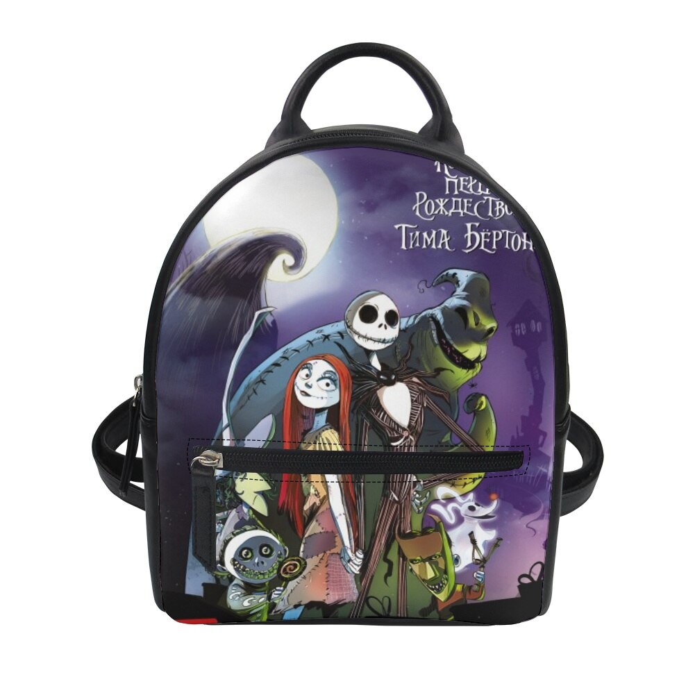 swvws  Nightmare Before Christmas Print Women's Backpack Trend PU Leather Women's Waterproof  Daily Backbags