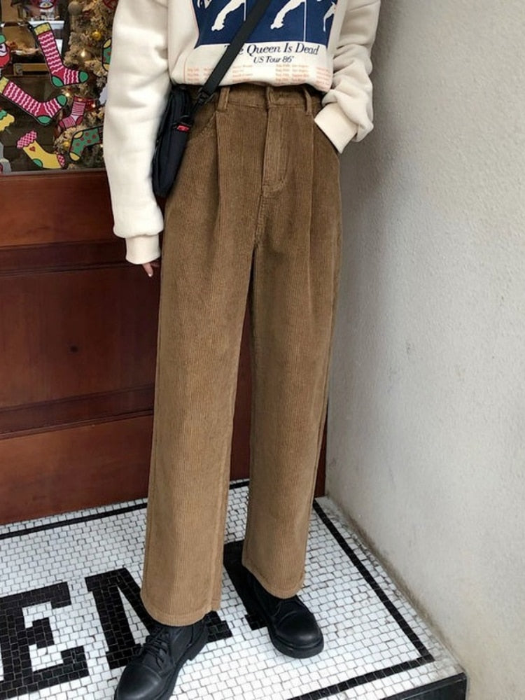 swvws Autumn Baggy Brown Corduroy Pants Women Korean Fashion Oversize High Waist Black Joggers Wide Leg Trousers For Female