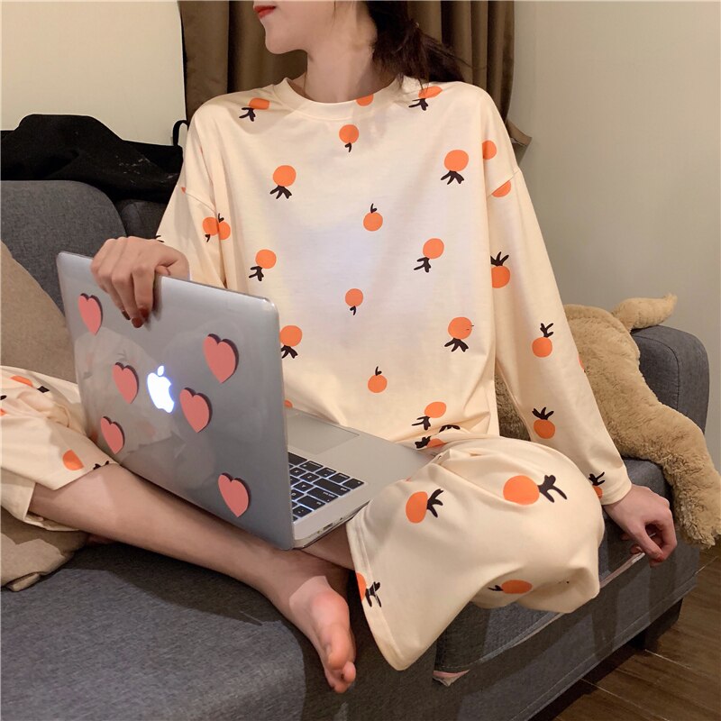 swvws Spring And Autumn Pajamas Women's Long-Sleeved Trousers Two-Piece Set Of Milk Silk Thin Section Breathable Student Home Clothes