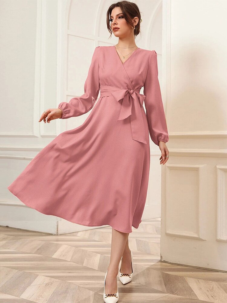 Summer Dresses Woman Elegant V-neck Long-sleeved Dress Fashion Office Midi Dress  Bandage Dresses Party Women's Clothing