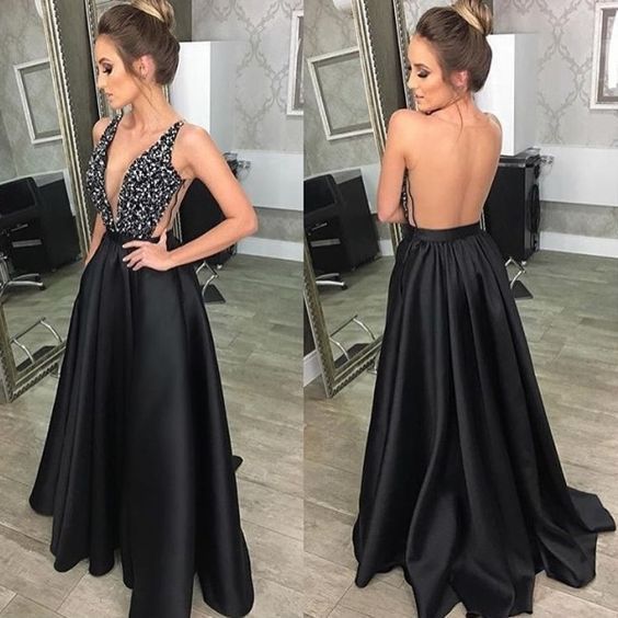 swvws Deep V-Neck Sequined Evening Robe Dress Fashion Elegant Backless Black Long Sweep Train For Women Cocktail Prom Dress