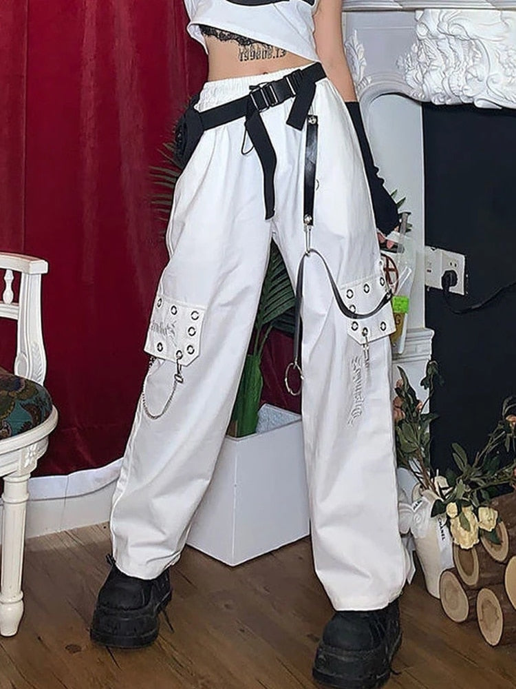 swvws Gothic Harajuku Black Cargo Pants Women Chain Wide Leg Goth Hippie Streetwear White Trousers Loose Female Baggy Fashion