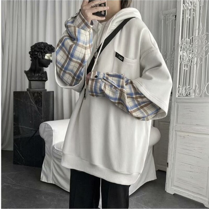 swvws Back To School  Men's Hoodies White Hoodie Sweatshirt With Hood Hooded Sweatshirts Check Black Casual Japanese Streetwear Hip Hop Autumn