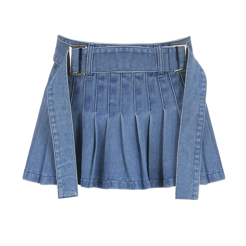 swvws Sunny Y2k Pleated Skirts Denim Blue Bandage Mini Skirts Cute Basic Harajuku Aesthetic Korean Outfits Chic Streetwear 90S New