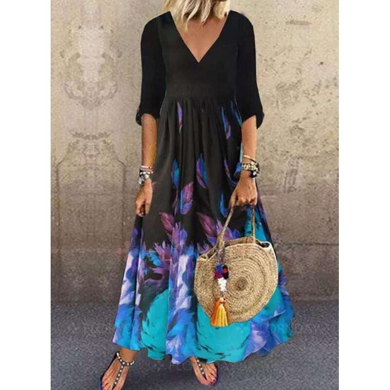 swvws Sukienki Midi Airycloth Printed Dress  New Ladies Elegant V Neck Half Sleeve Loose A-Line Dress Summer Party Dresses