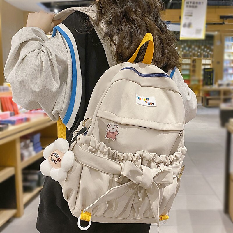 Back To School Korean Style Women Sweet Backpack Large Capacity Open Pockets Kawaii Female Bow School Bags for Teenager Girls Travel Backpacks