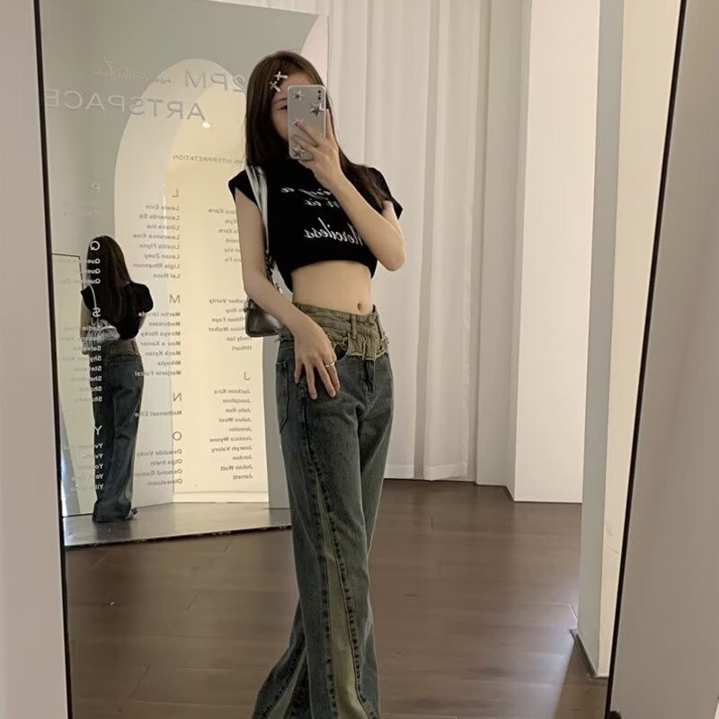 swvws Summer New Splice Slim Raglan Jeans Women Spice Girls High Waist Design Sense Small Public Show Thin Flare Pants