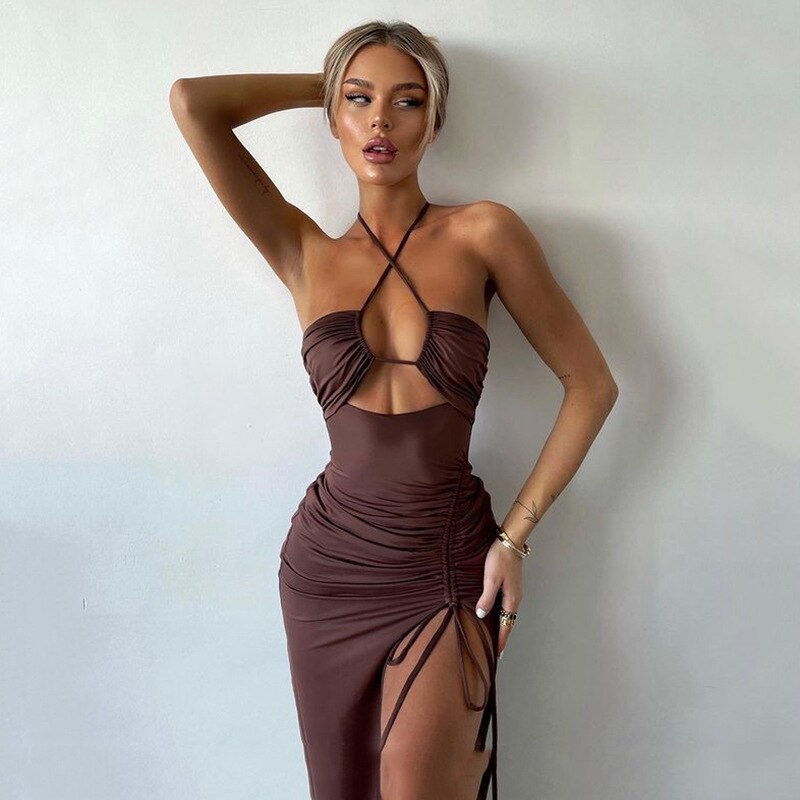 Townlike Temperament Elegant Maxi Long Dress Women Halter Spaghetti Strap Summer Dress Drawstring Split Sexy Party Dresses