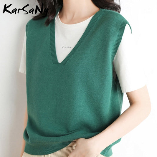 Back To School Insulated Vest For Women Solid Slim Green Sweater Sleeveless Knitted Vest Female V Neck Classic Tops Women's Fashion Vests