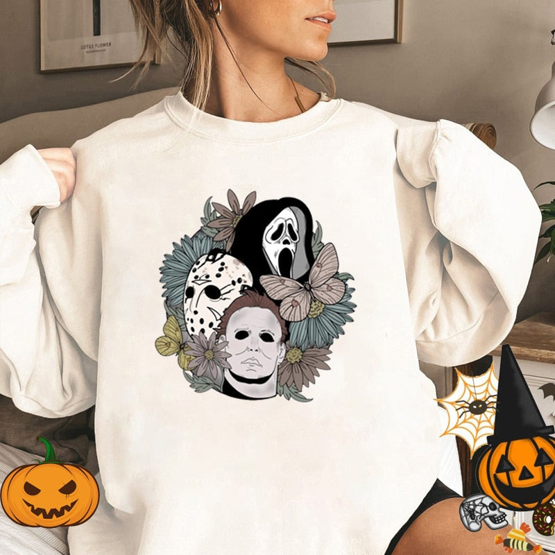 swvws Halloween Costume Horror Movie Scary Hooded Halloween Women Sweatshirt Crewneck Pullover Halloween Party Ghost Boo Skull Flower Hoodies Oversized