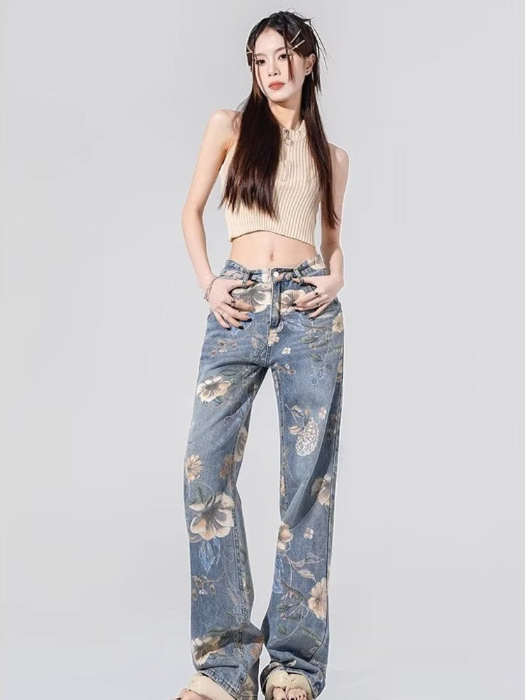 swvws Street Printed Jeans, Female Niche Design, Trendy Vibe High Waisted Drape, Straight Leg Wide Leg Long Pants, Women's Jeans