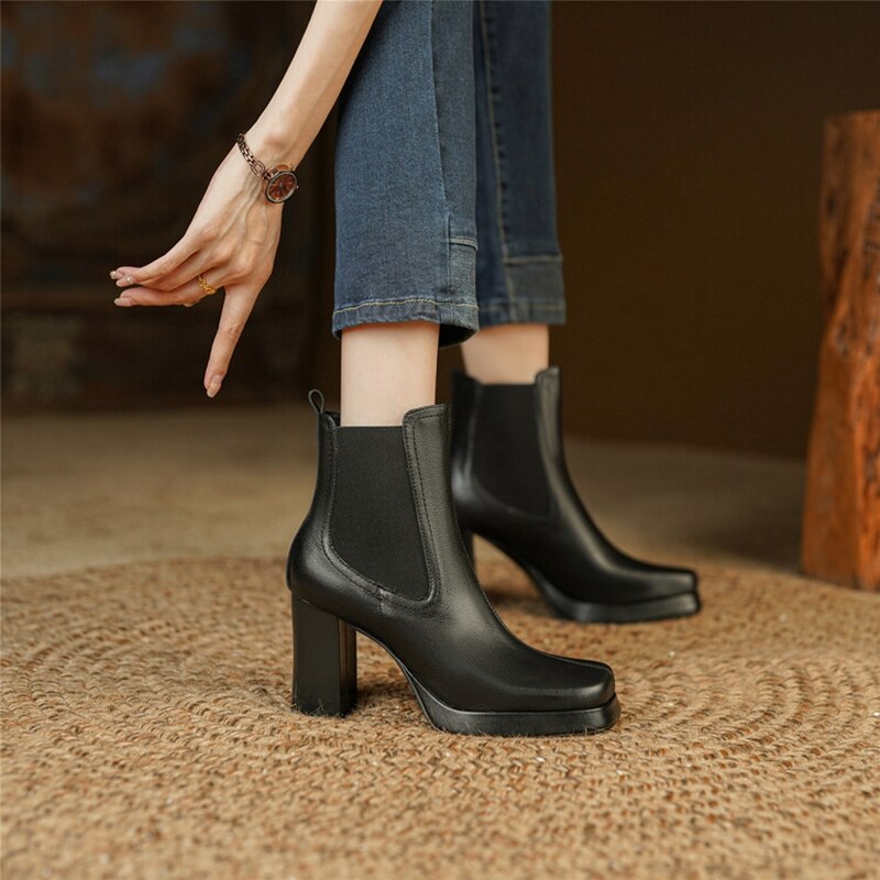 swvws Autumn Boots   NEW Fall Shoes Women Split Leather Boots Square Toe Chunky Heel Shoes Solid Platform Modern Boots Eengent Super High Heel Boots