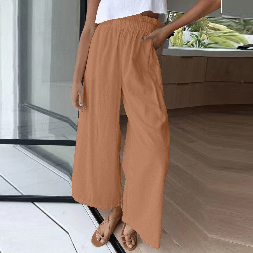 swvws Summer Cotton Linen Long Pant Women High Waist Wide Leg Pant Casual Solid Baggy Trouser Female Loose Retro Sweatpant Streetwear