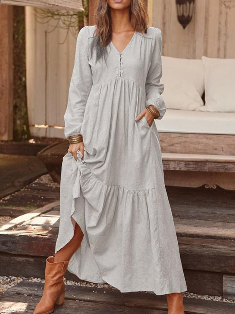 swvws Casual Long Linen Dress Women V Neck Cotton Maxi Dress Summer Vintage Long Sleeve Loose Dress Solid High Waist Big Swing Dress