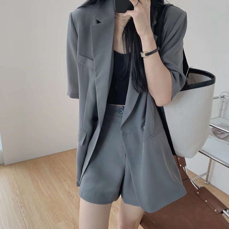 swvws  Summer Retro Korean Version of the Temperament Short-sleeved Suit Jacket + Shorts Set Casual Loose Suit Two-piece Female