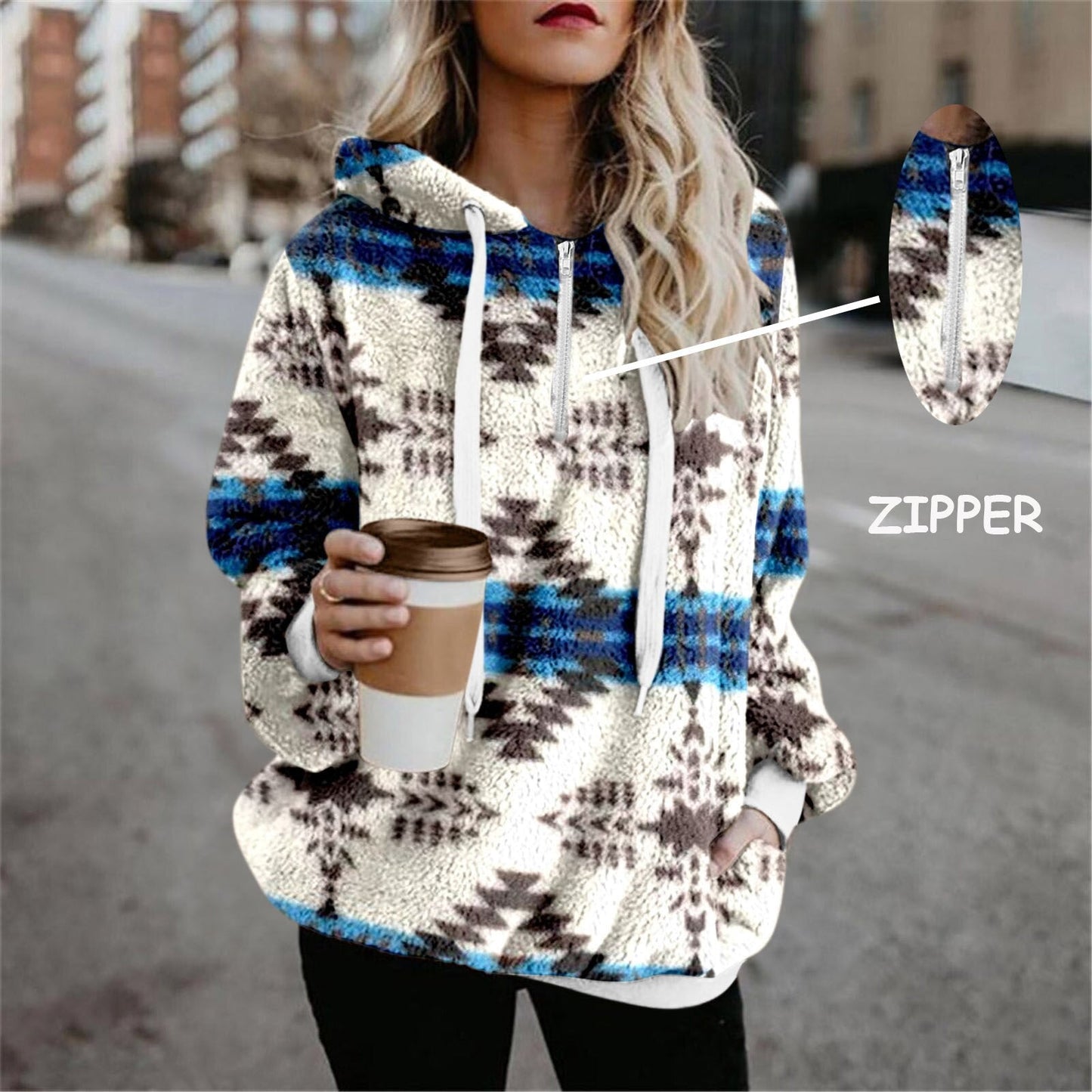 swvws Printed Women Hooded Sweatshirt Autumn Winter Fluffy Wool Hoodies Casual Fleece Drawstring Pullover Long Sleeve Vintage Zip Tops