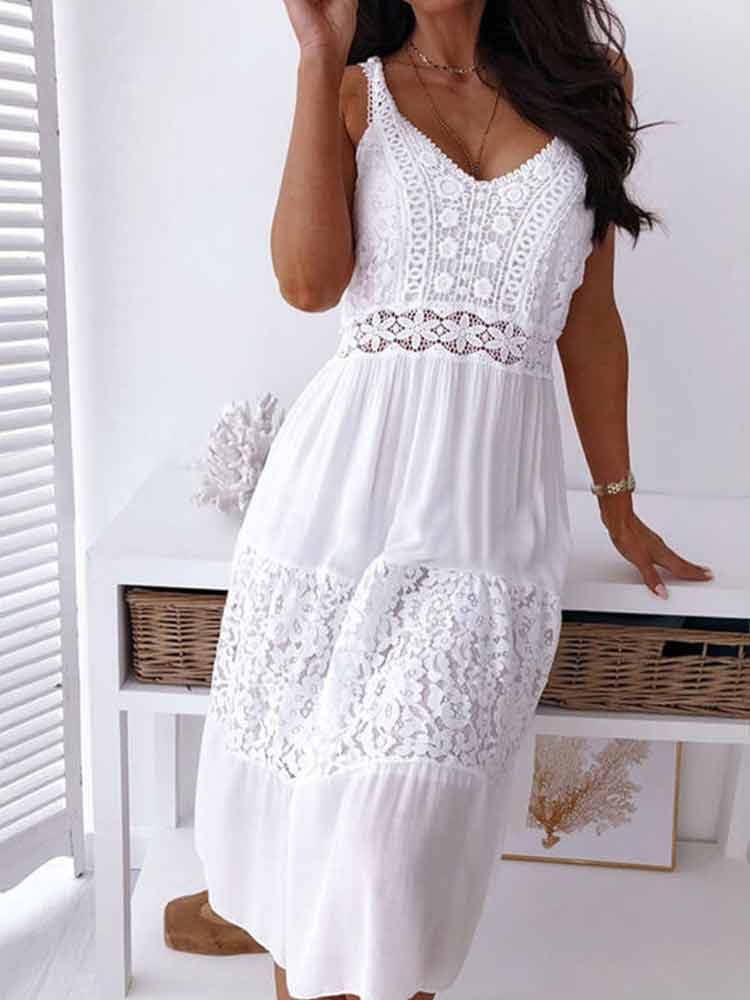 swvws Sexy Backless Midi Dress Women Summer Spaghetti Strap Boho Dress Fashion White Lace Patchwork Casual Beach Sleeveless Dresses