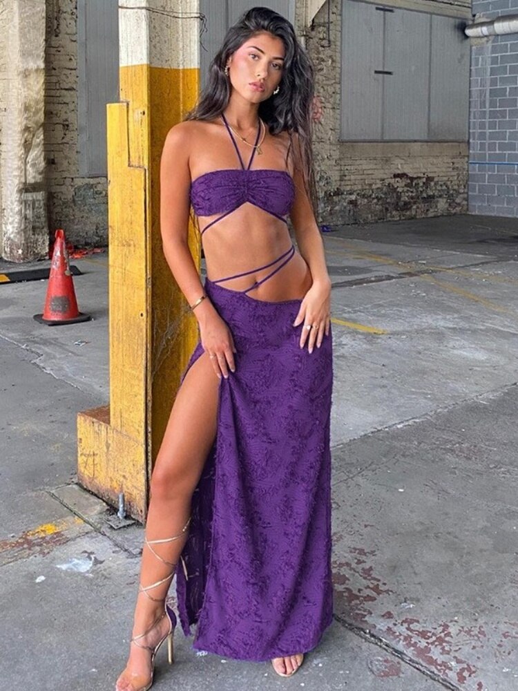 Sexy Lace Up Crop Top Split Long Skirt Purple 2 Piece Sets Women Summer Backless Matching Sets Beach Holiay Lady Dresses