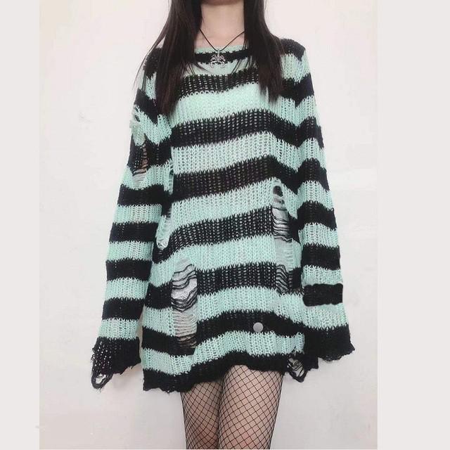 swvws Punk Gothic Sweater Emo Tops E-Girls Mall Goth Pullovers Y2k Harajuku Grunge Clothes Alt Dark Aesthetic Striped Jumpers